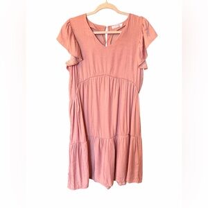 Pink Ruffle Sleeve Dress by Sunshine Swing-V Neck-Flutter Sleeves-Size Large